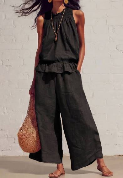 Retro Bohemian Linen Ruffled Sleeveless Wide-Leg Pants Set