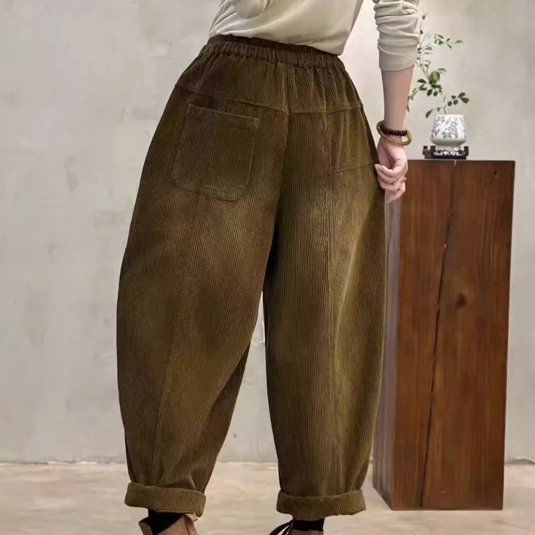 Women Cotton Corduroy Thick Loose Elastic Waist Harem Pants