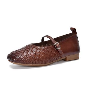 Elegant Leather Woven Shallow One Straped Soft Sole Flat Shoes