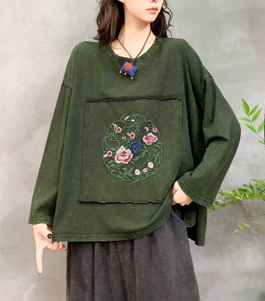 Autumn Cotton Floral Round Neck Embroidered Long Sleeves Pullover