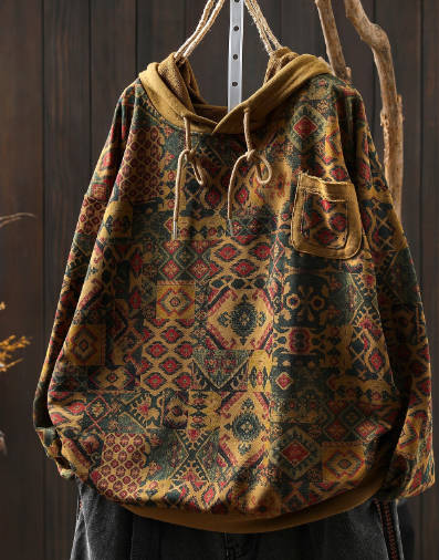 Autumn Vintage Loose Ethnic Print Hooded Spliced Pocket Sweatshirt