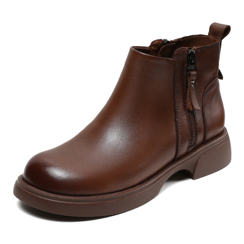 Retro Leather Casual Soft Flat Sole Simple Zipper Ankle Boots