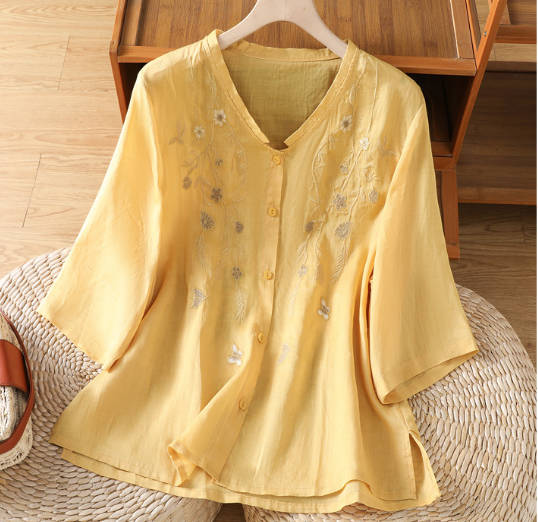 Vintage Embroidered Loose Linen V-Neck Mid Sleeve Top Shirt