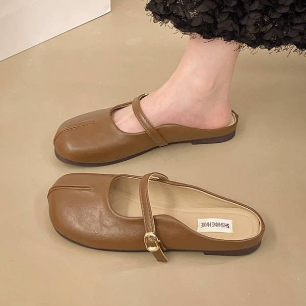 Vintage Leather Half-Open Toe Split-Toe Slippers Lazy Flat