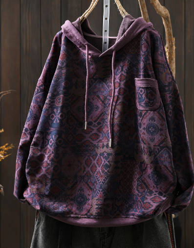 Autumn Vintage Loose Ethnic Print Hooded Spliced Pocket Sweatshirt
