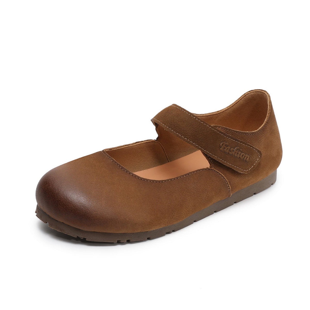 Genuine Leather Round Toe Shallow One Straped Velcro Soft Sole Flats