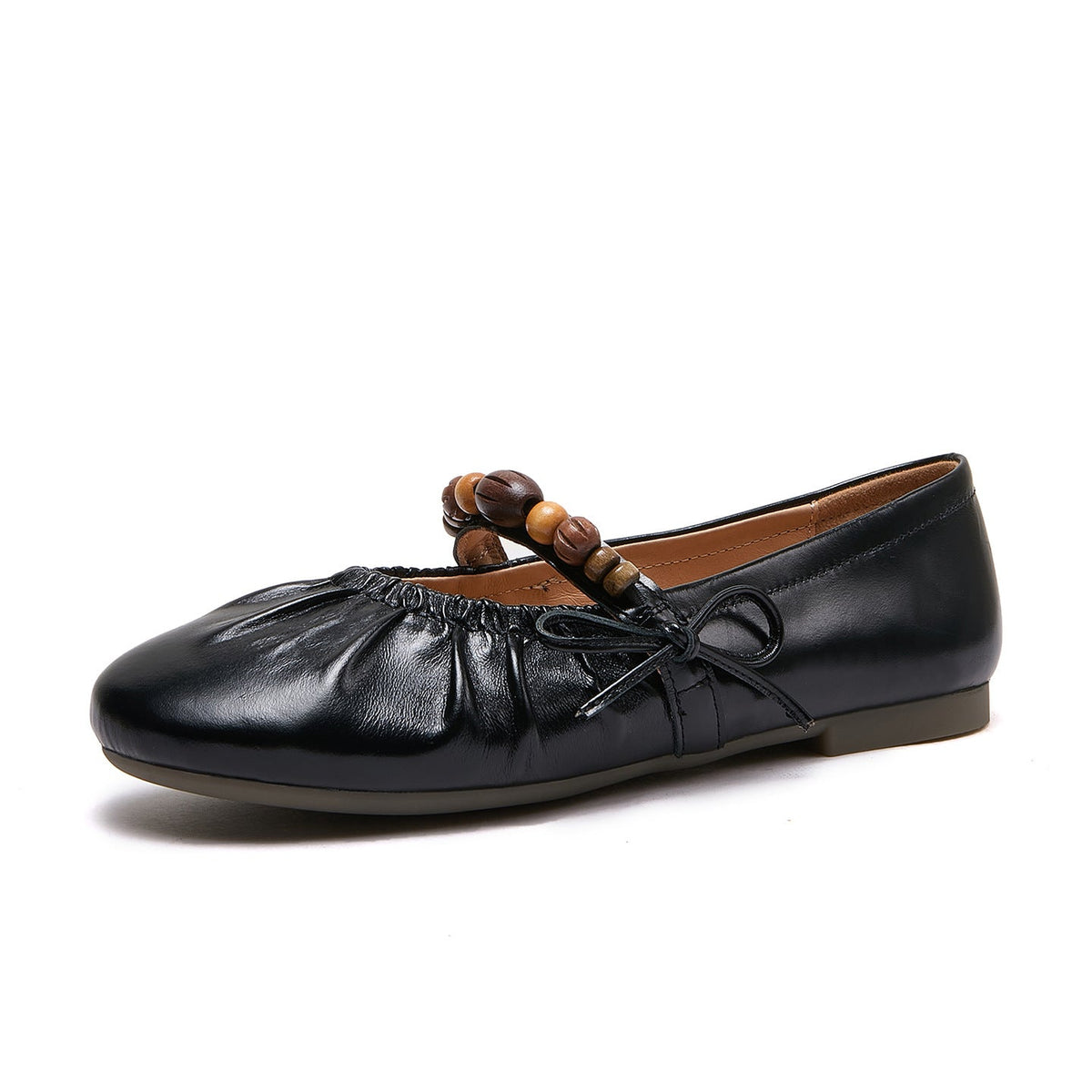 Babakud Spring Leather Round Toe Beads Bow Soft Sole Flat Shoes