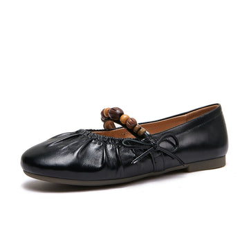 Babakud Spring Leather Round Toe Beads Bow Soft Sole Flat Shoes