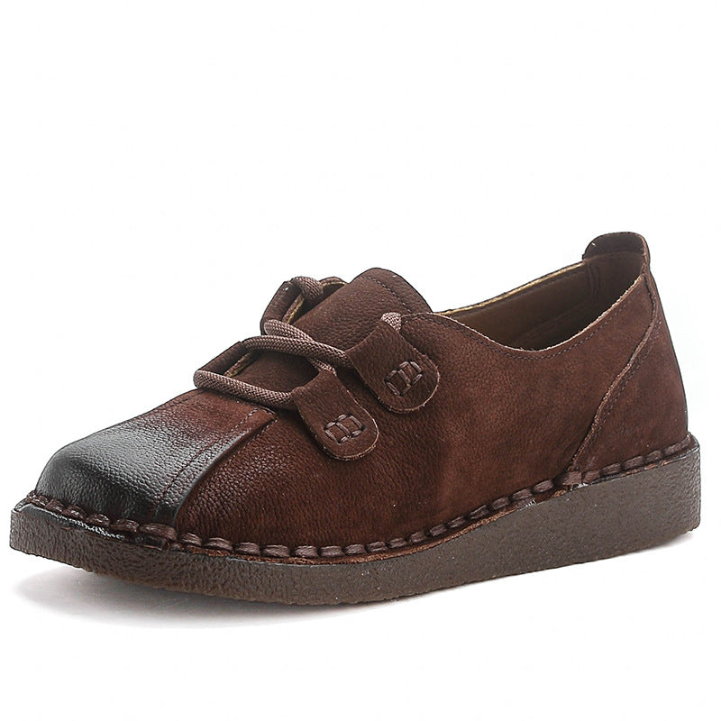Top Leather Retro Gradient Color Round Toe Lace-Up Soft Sole Flats