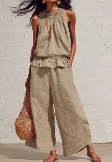 Retro Bohemian Linen Ruffled Sleeveless Wide-Leg Pants Set