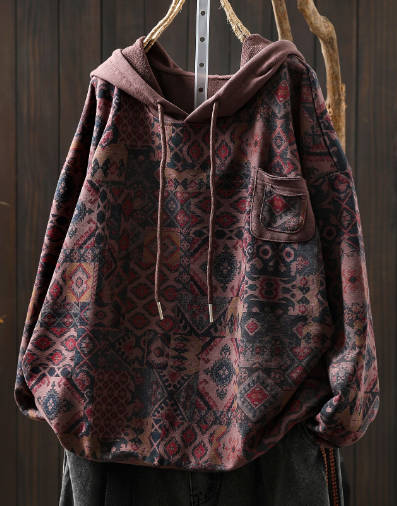 Autumn Vintage Loose Ethnic Print Hooded Spliced Pocket Sweatshirt