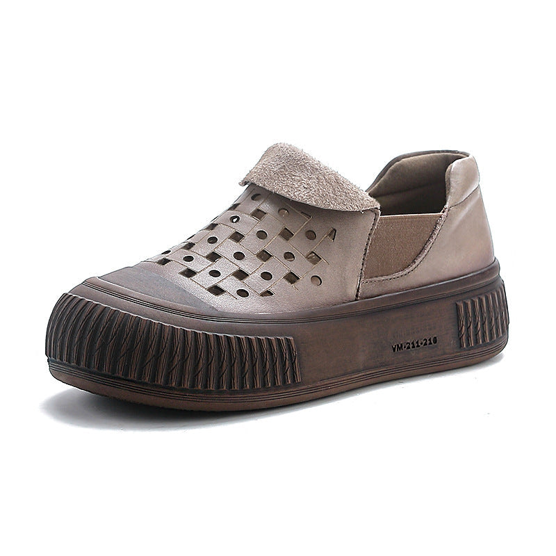 Retro Leather  Round Toe Hallow Thick Sole Casual Slip-On Flats
