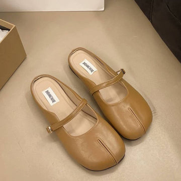 Vintage Leather Half-Open Toe Split-Toe Slippers Lazy Flat