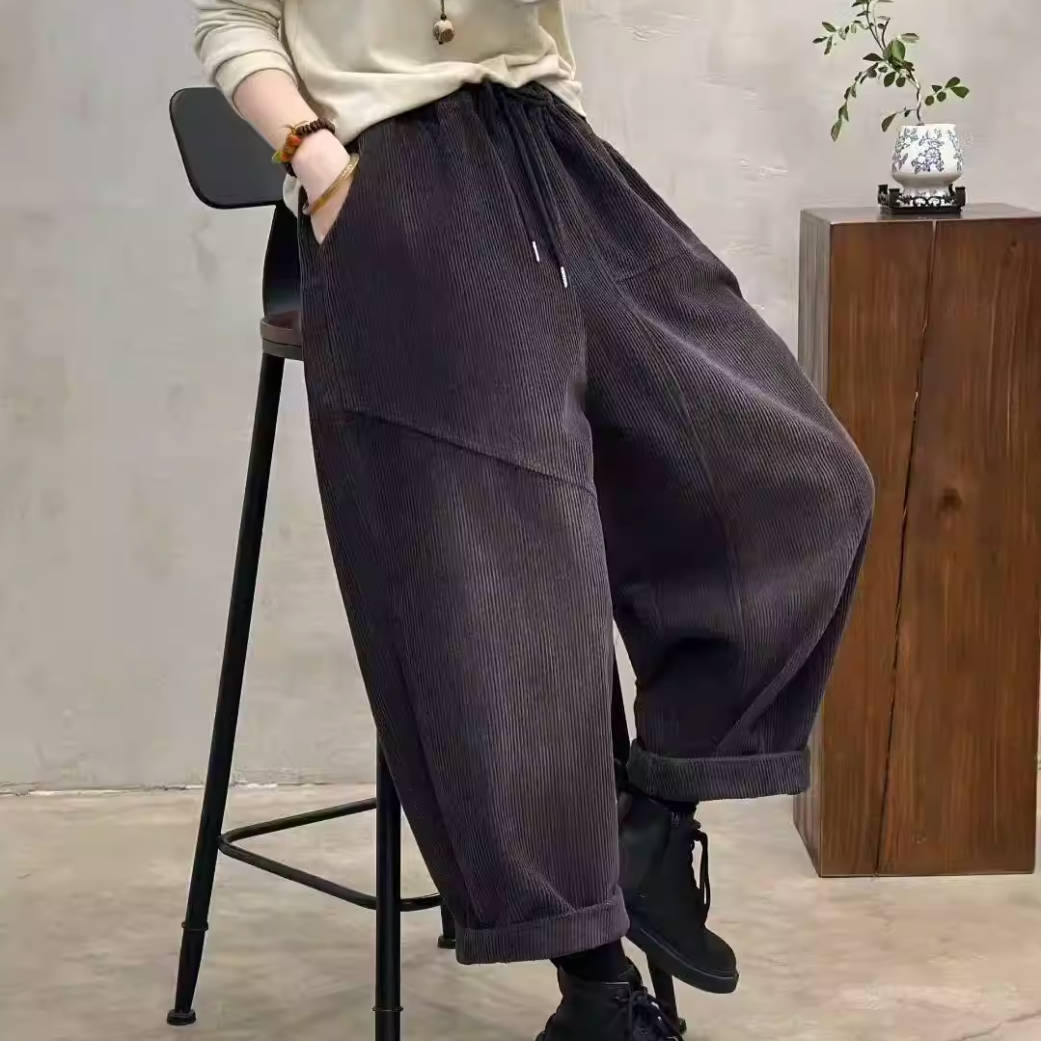 Women Cotton Corduroy Thick Loose Elastic Waist Harem Pants