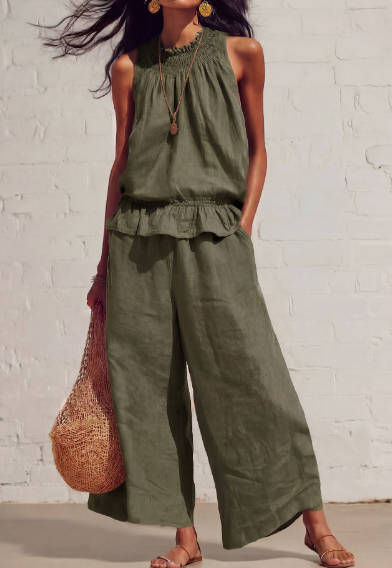 Retro Bohemian Linen Ruffled Sleeveless Wide-Leg Pants Set