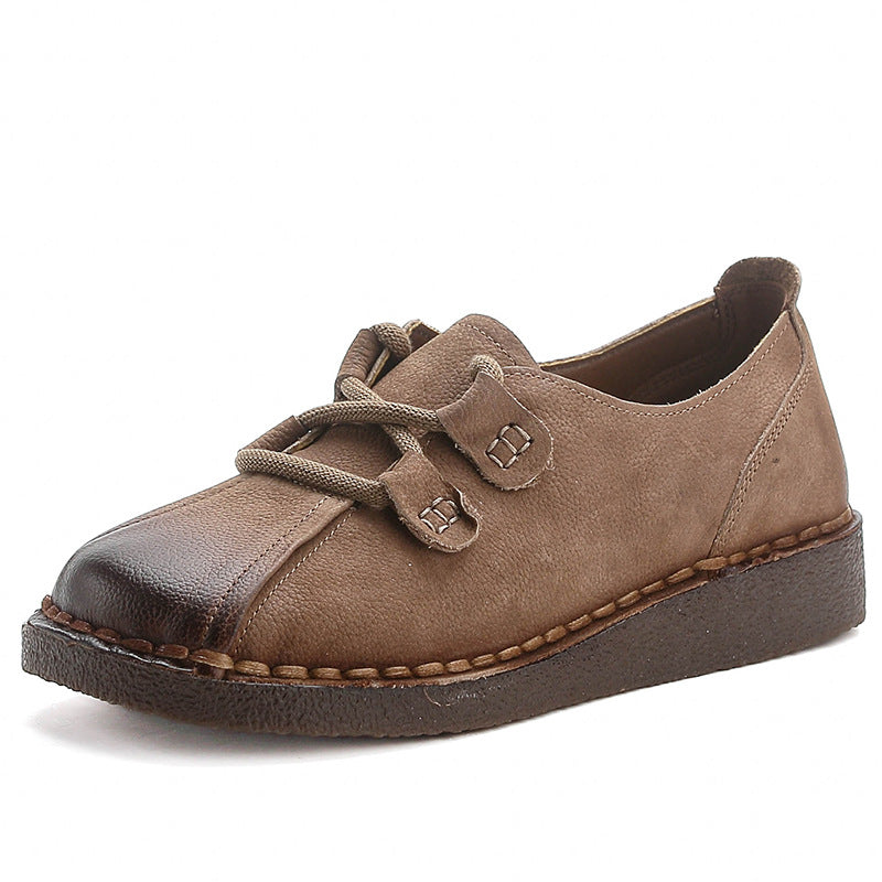 Top Leather Retro Gradient Color Round Toe Lace-Up Soft Sole Flats