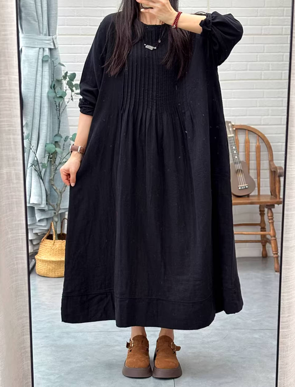 Autumn Cotton Retro Round Neck Loose A-Line Casual Dress