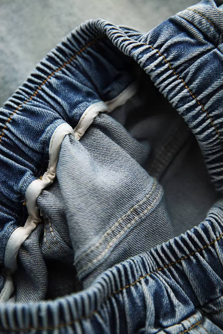Spring Vintage Denim Classic Elastic Waist Loose Lace-Up Jeans