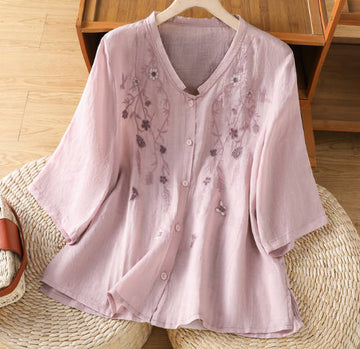 Vintage Embroidered Loose Linen V-Neck Mid Sleeve Top Shirt