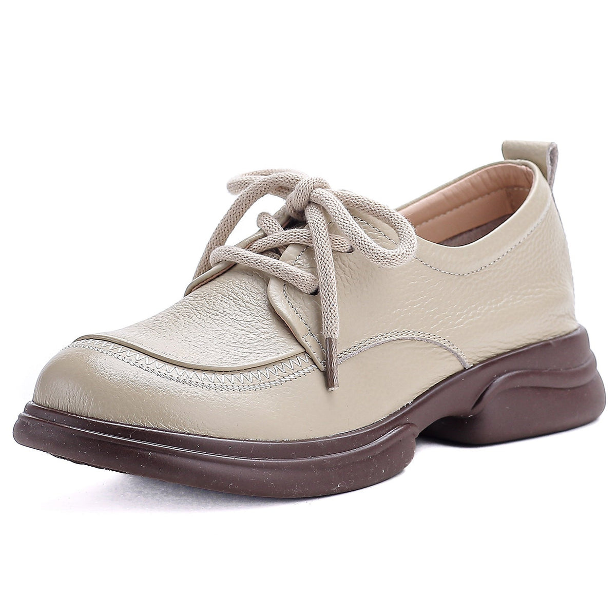 Genuine Leather Round Toe Thick Sole Lace-Up Casual Flat Shoes