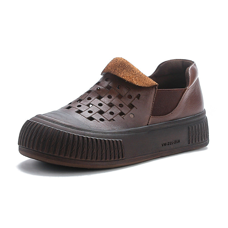 Retro Leather  Round Toe Hallow Thick Sole Casual Slip-On Flats