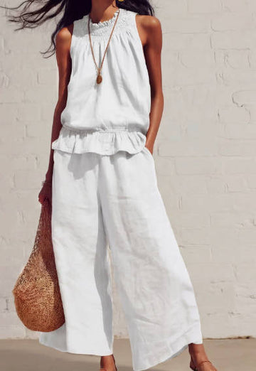 Retro Bohemian Linen Ruffled Sleeveless Wide-Leg Pants Set