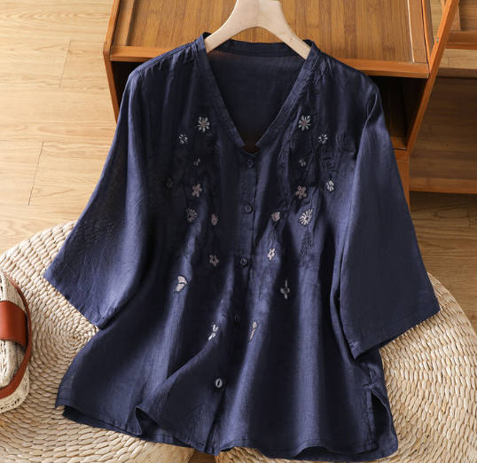 Vintage Embroidered Loose Linen V-Neck Mid Sleeve Top Shirt