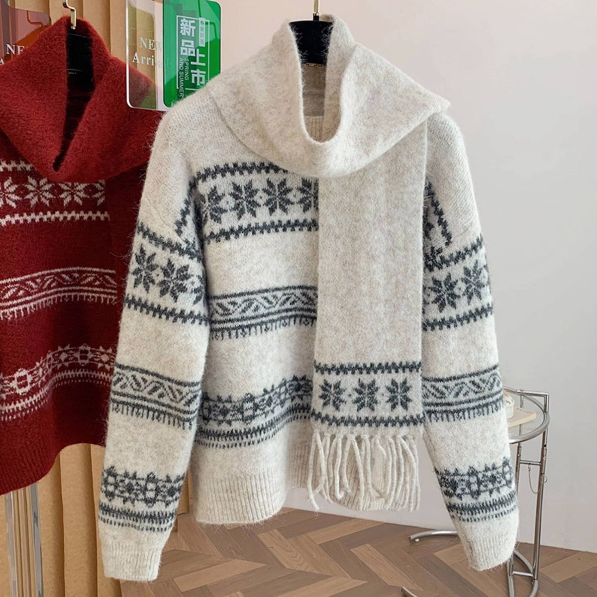 Winter Retro Round Neck Printed Striped Warm Casual Sewater With Scarf