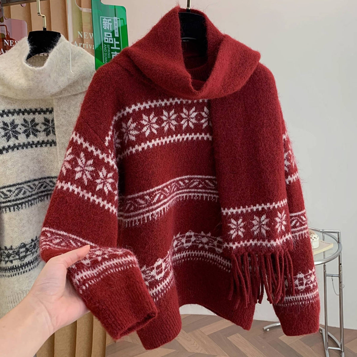 Winter Retro Round Neck Printed Striped Warm Casual Sewater With Scarf