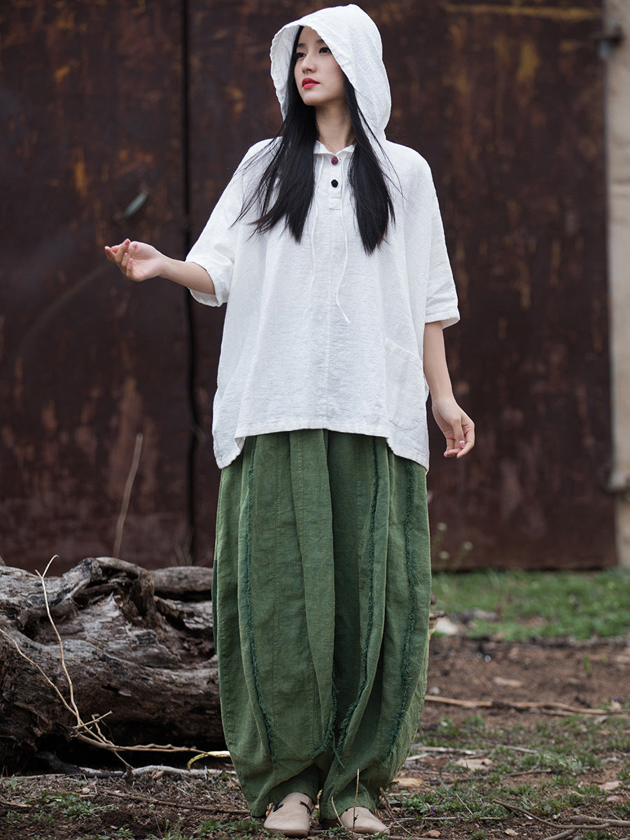 Autumn Ramie Retro 3/4 Sleeves Loose Casual Hoodies