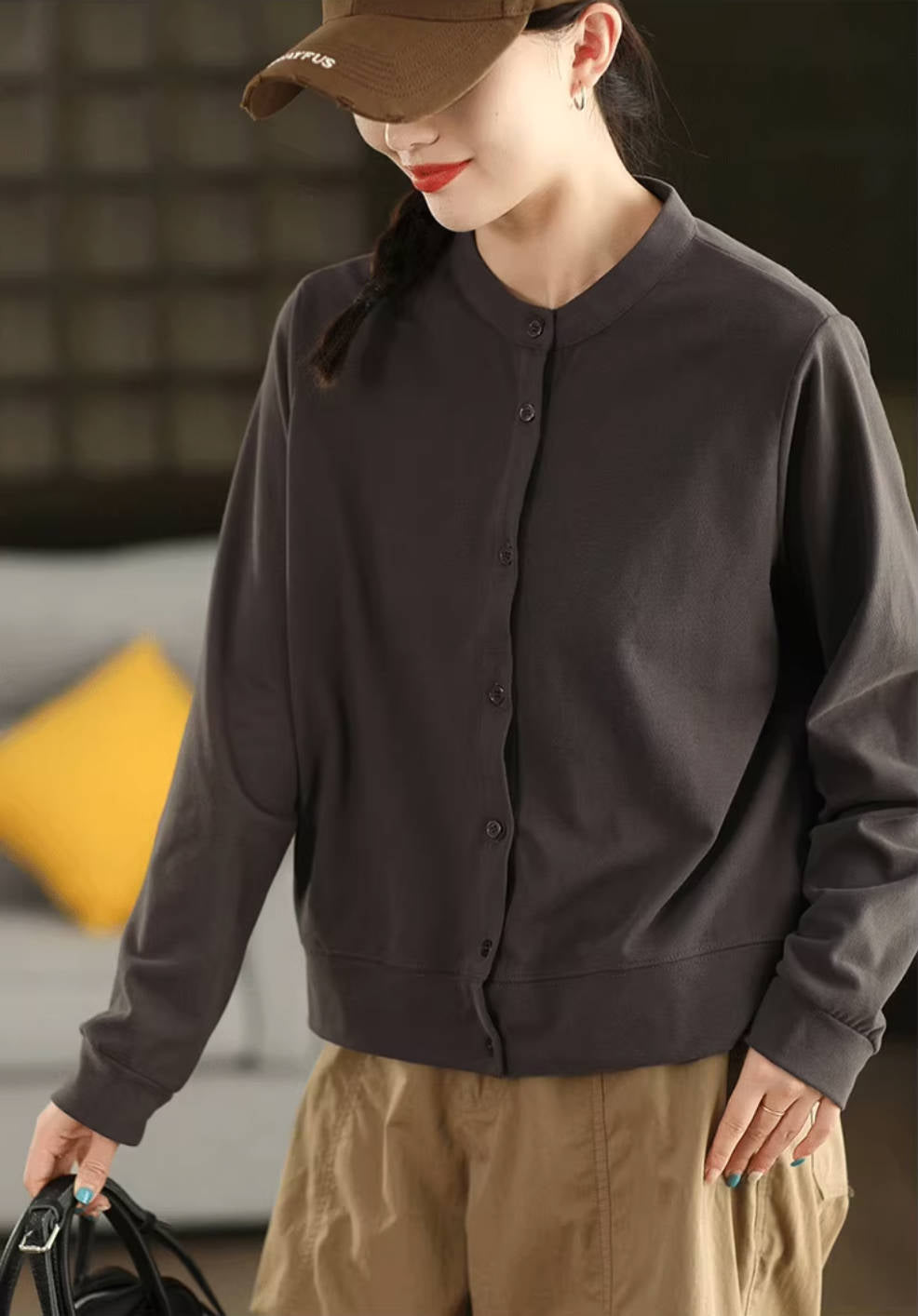 Retro Cotton Solid Color Single Breasted Round Neck Cardigans