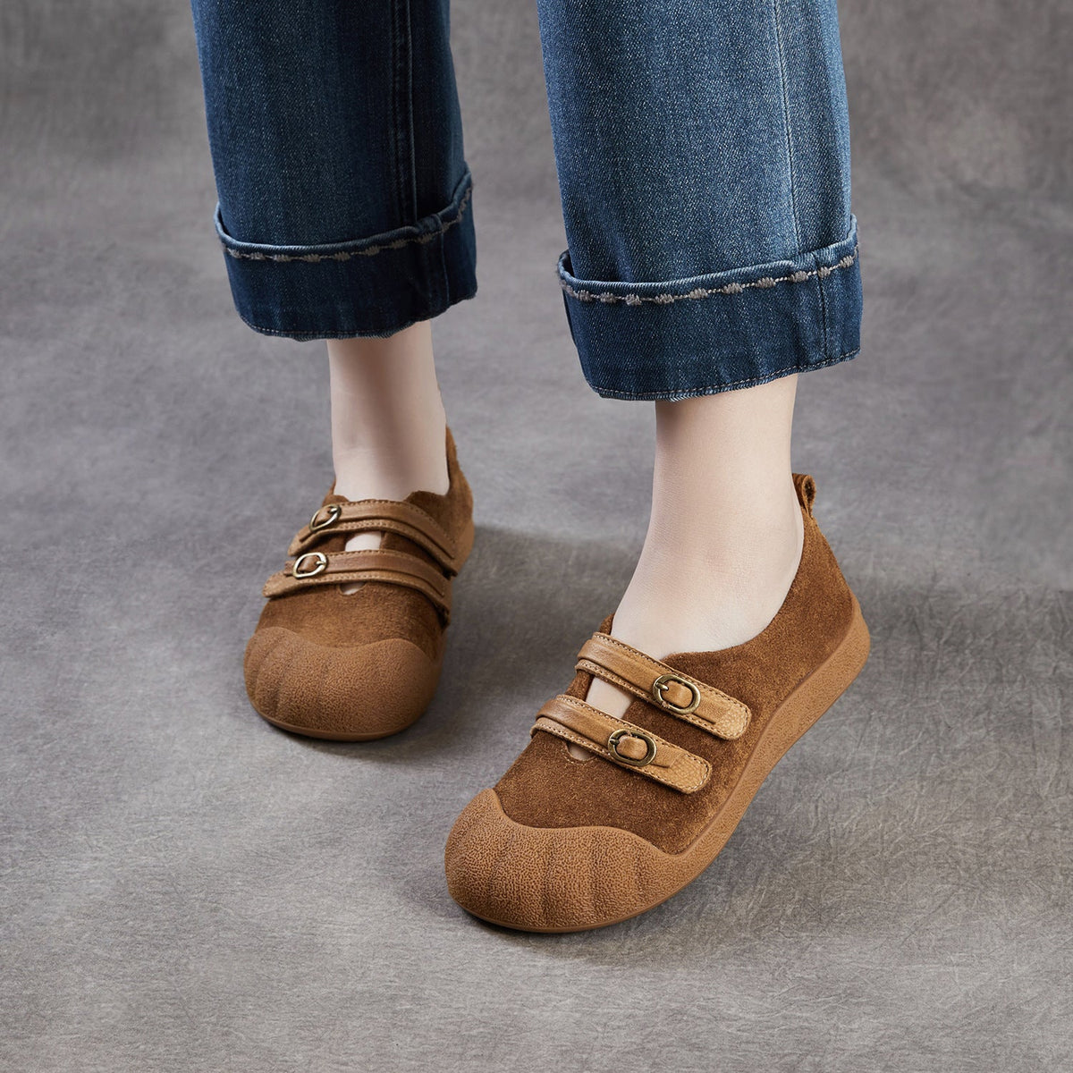 Top Leather Retro Patchwork Rubber Round Toe Two Straped Flats