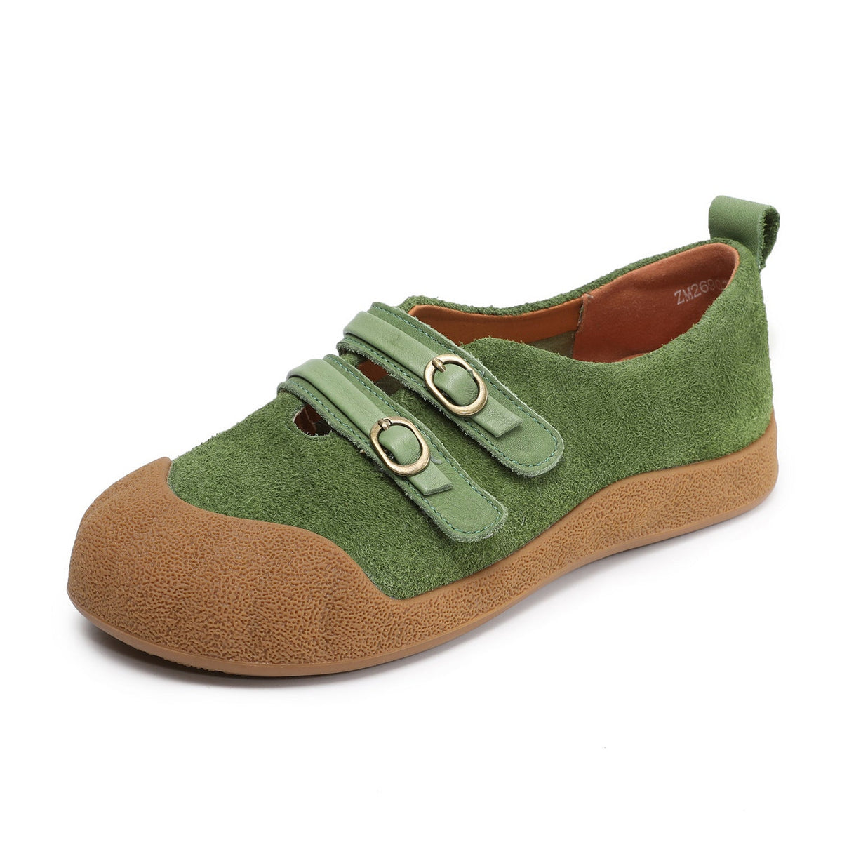 Top Leather Retro Patchwork Rubber Round Toe Two Straped Flats