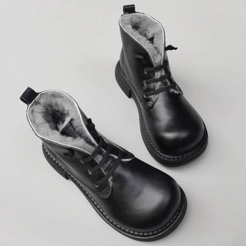 Genuine Leather Round Wide Toe Wool-In Warm Elastic Slip-On Boots