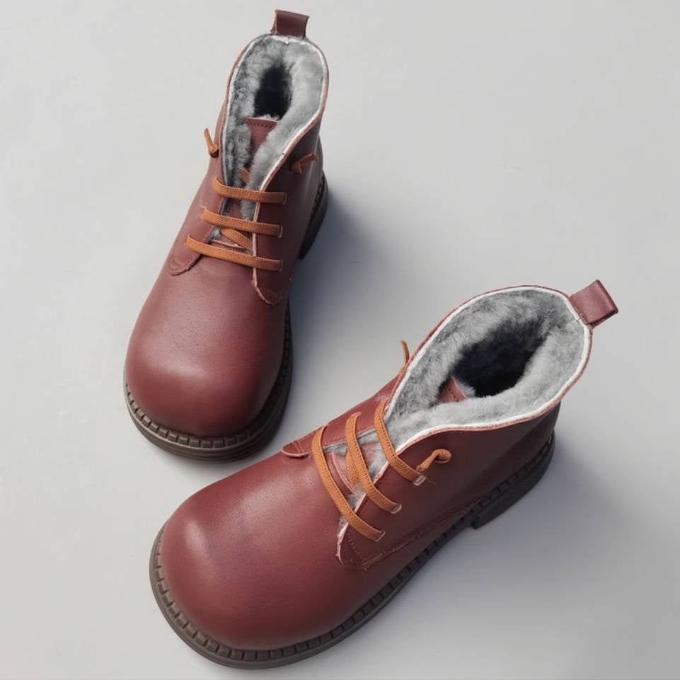Genuine Leather Round Wide Toe Wool-In Warm Elastic Slip-On Boots