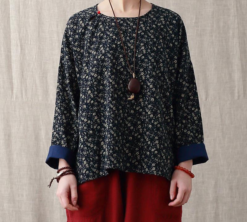 Women Loose Floral Printed Asymmetric Cotton Blouse
