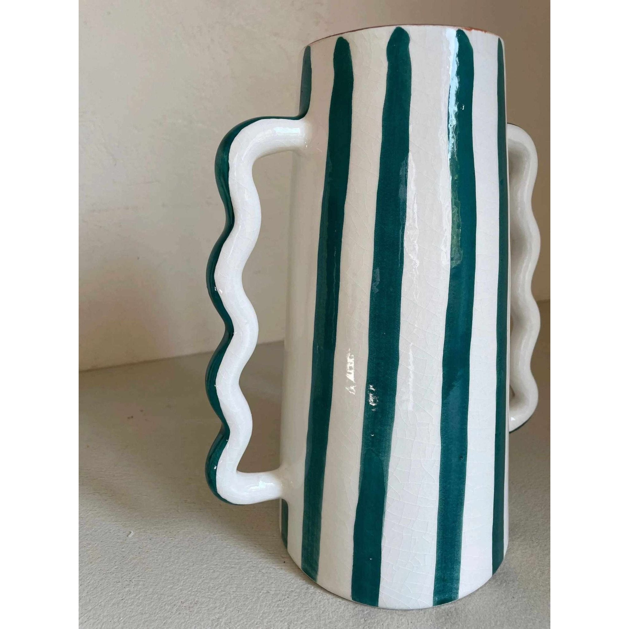 Fir Green and White Striped Abstract Ceramic Vase