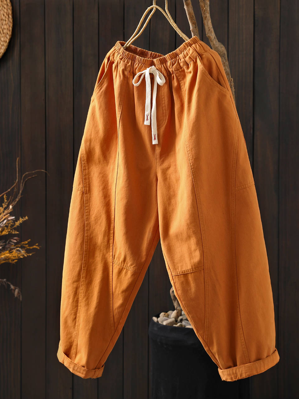Solid Color Cotton Loose Elastic Waist Casual Versatile Pants