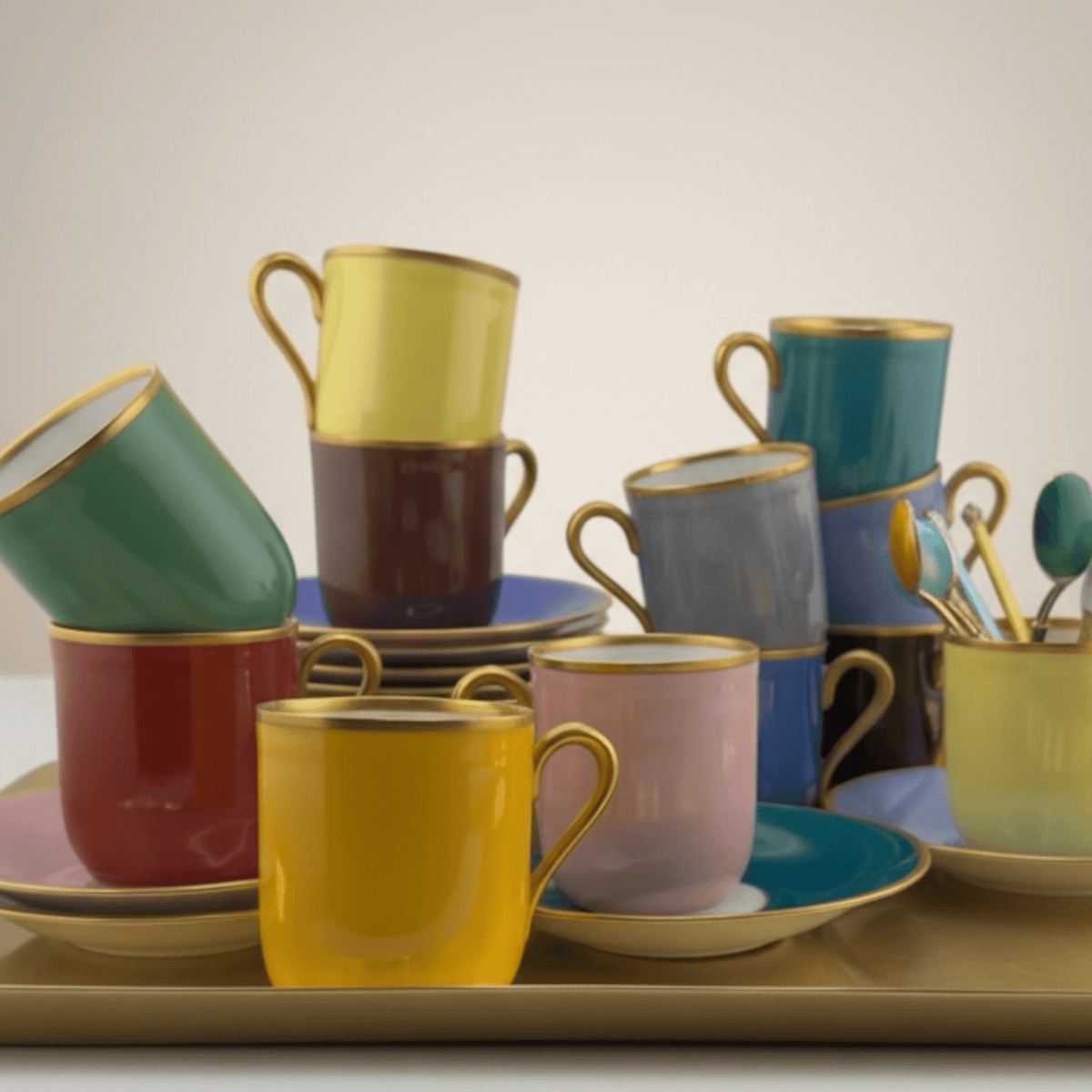 Vintage Danish Porcelain Demitasse Colorful Cups & Saucers and Spoons Set