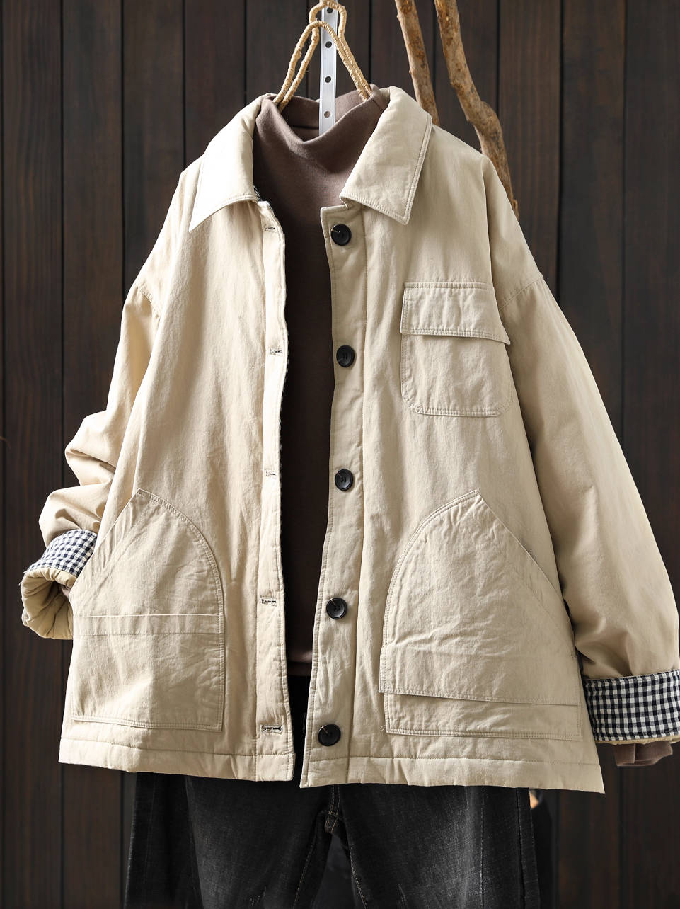 Women Winter Cotton Warm Patchwork Plaid Cotton-In Coat