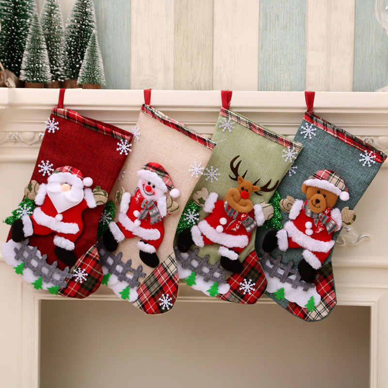 Large Christmas Stocking Linen Gift Bag Decoration