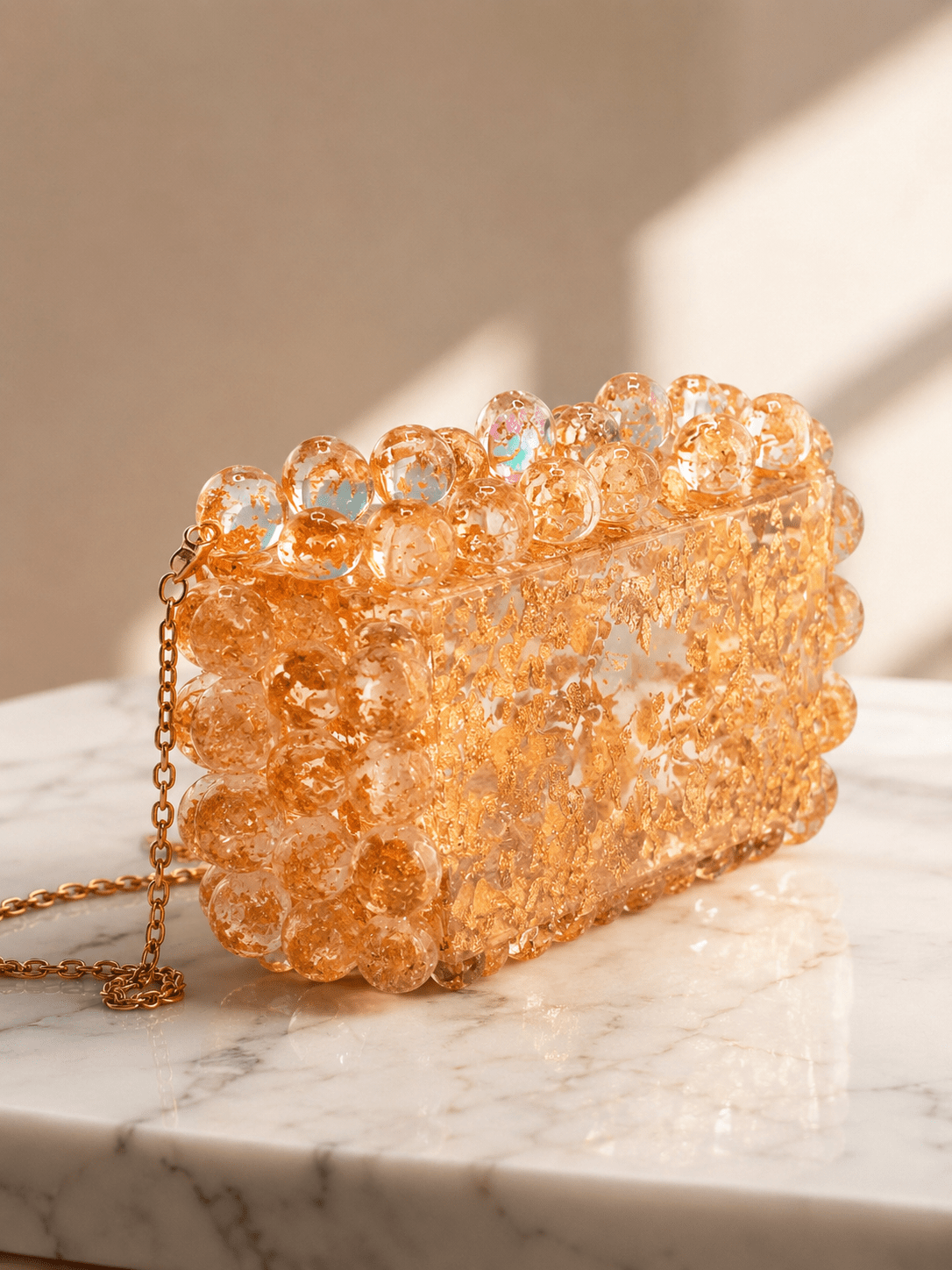 Beaded Acrylic Box Clutch with Pearl Trim & Gold Chain