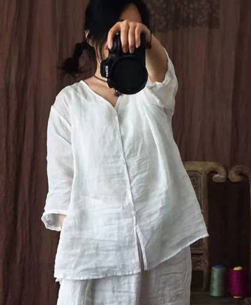 Summer Loose Original Pure Ramie Three-Quarter Sleeve Shirt Top