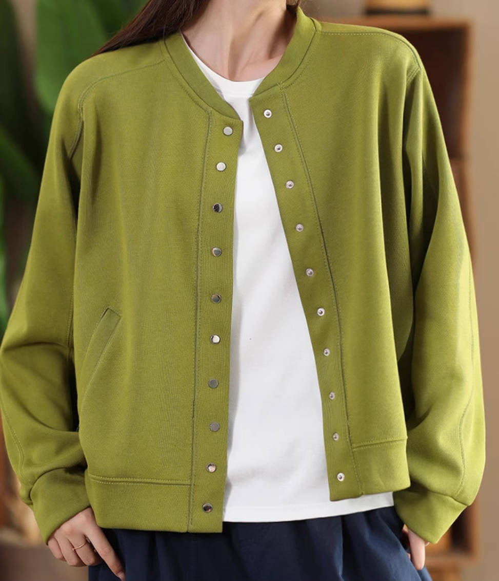 Casual Cotton Round Neck Solid Color Single-Breasted Jacket