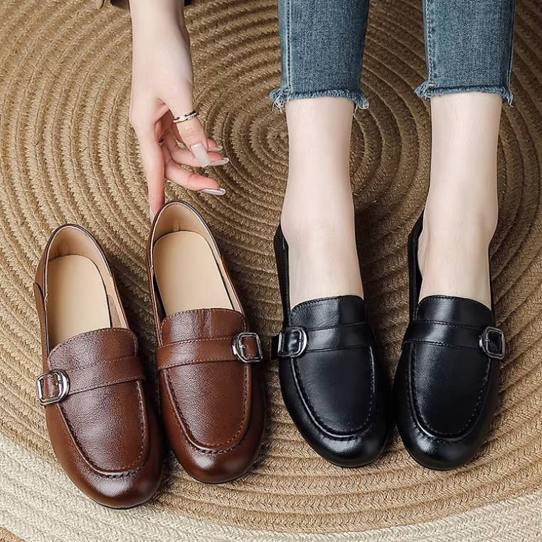 Genuine Leather Retro Pointed Toe Shallow Elegant Flat Shoes