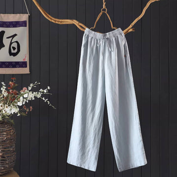 Spring Linen Solid Color Embroidered Elastic Waist Soft Pants