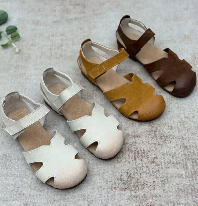 Vintage Women Leather Hallow Out Closed Toe Soft Sandals