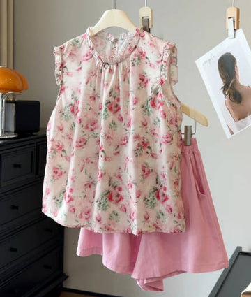 Vintage Summer French Chic Ruffle Trim Sleeveless Top & Shorts Set
