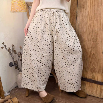 Casual Linen Polk Dots Patchwork Wide Legs Elastic Wasit Pants