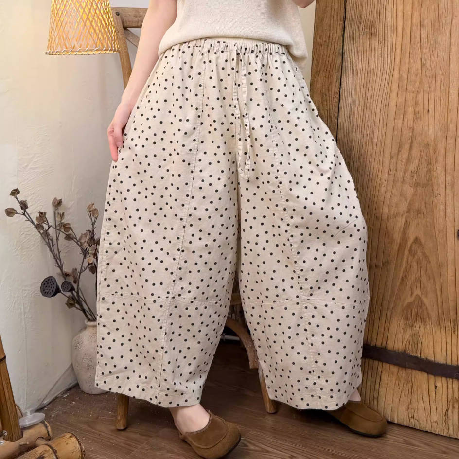 Casual Linen Polk Dots Patchwork Wide Legs Elastic Wasit Pants
